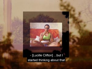 person sitting cross-legged in bed eating layered over images of trees and leaves with the caption "[Lucille Clifton] ...but I started thinking about that"