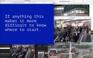 Text reading "If anything this makes it more difficult to know where to start." on a blue screen layered over images of Birmingham