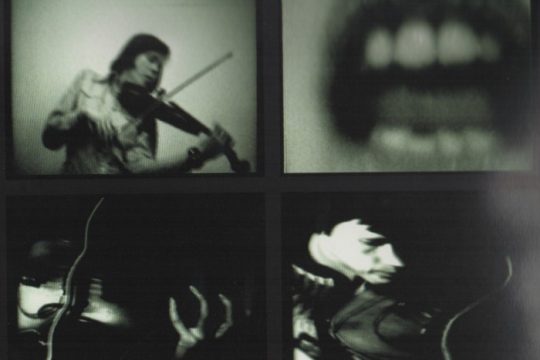 Four black and white images. Top left shows a person playing the violin, top right an open mouth showing tongue and teeth. Bottom left shows a dark and distorted image of someone playing guitar, while bottom right shows a man potentially with an instrument.