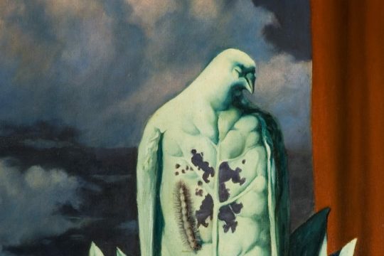 Cropped image of Rene Magritte's 'The Flavour of Tears', depicting a tobacco leaf bird eith a caterpillar eating holes in its chest with a red curtain and dark, cloudy sky in the background.