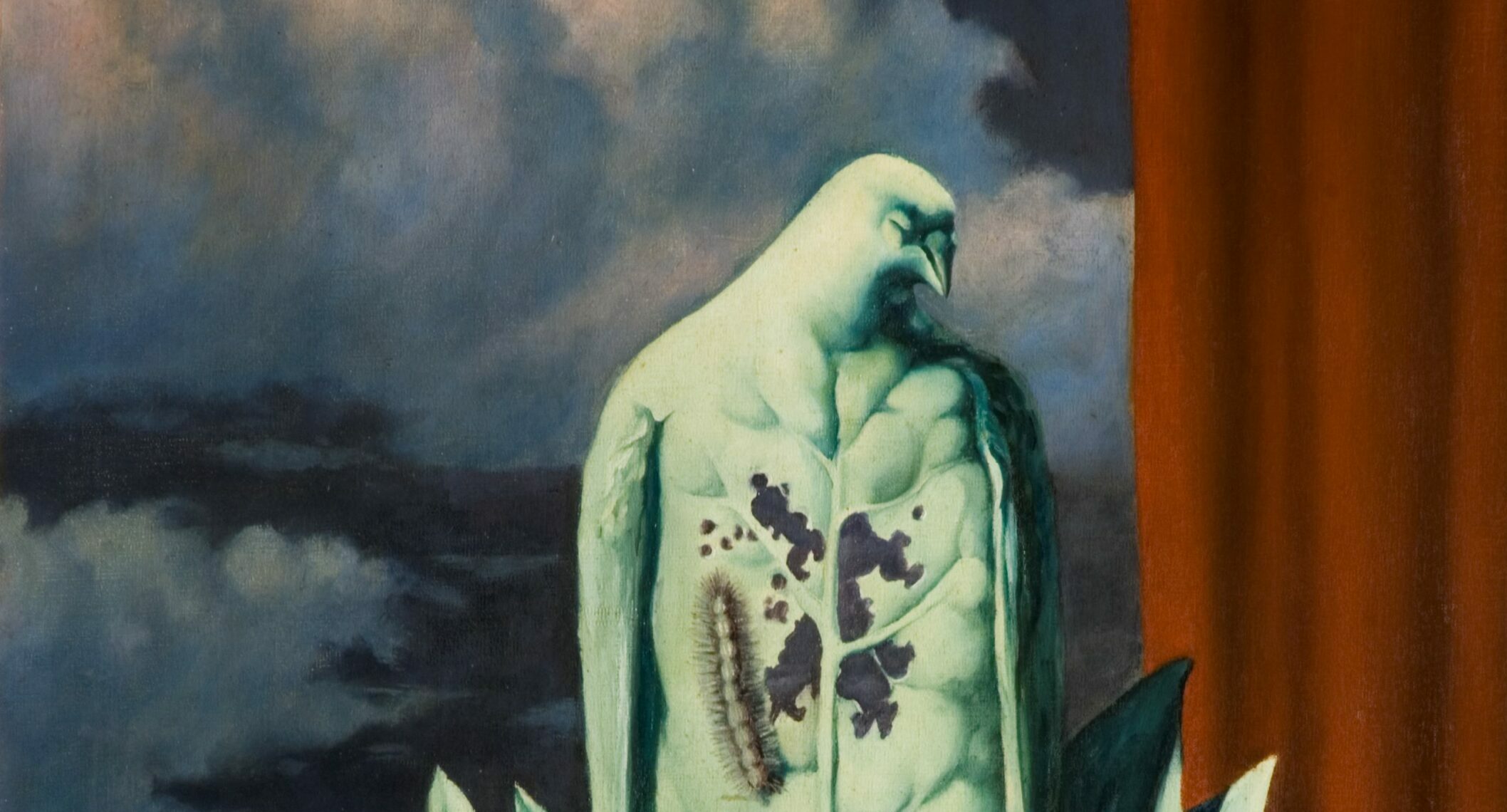 Cropped image of Rene Magritte's 'The Flavour of Tears', depicting a tobacco leaf bird eith a caterpillar eating holes in its chest with a red curtain and dark, cloudy sky in the background.