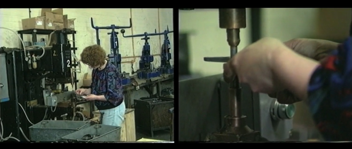 Still of archival footage of a female factory worker with a close-up shot of hands using heavy machinery and a wider shot of her using macinery