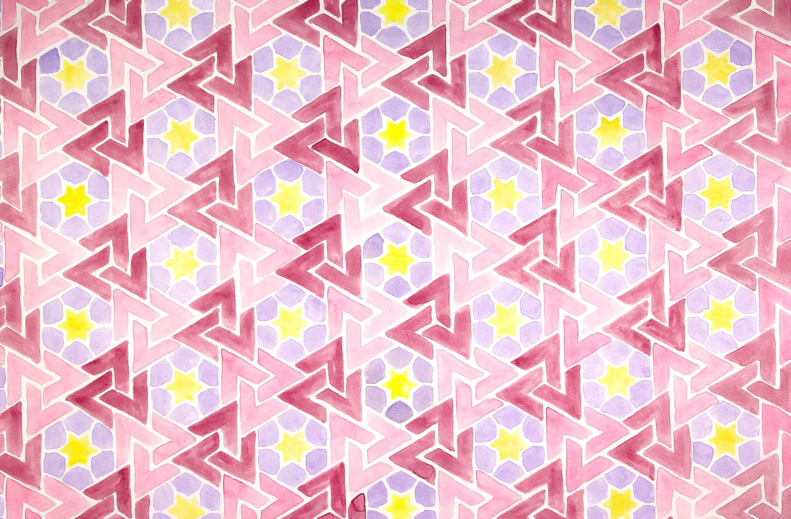 Geometric patterns of red, pink, purple and yellow.